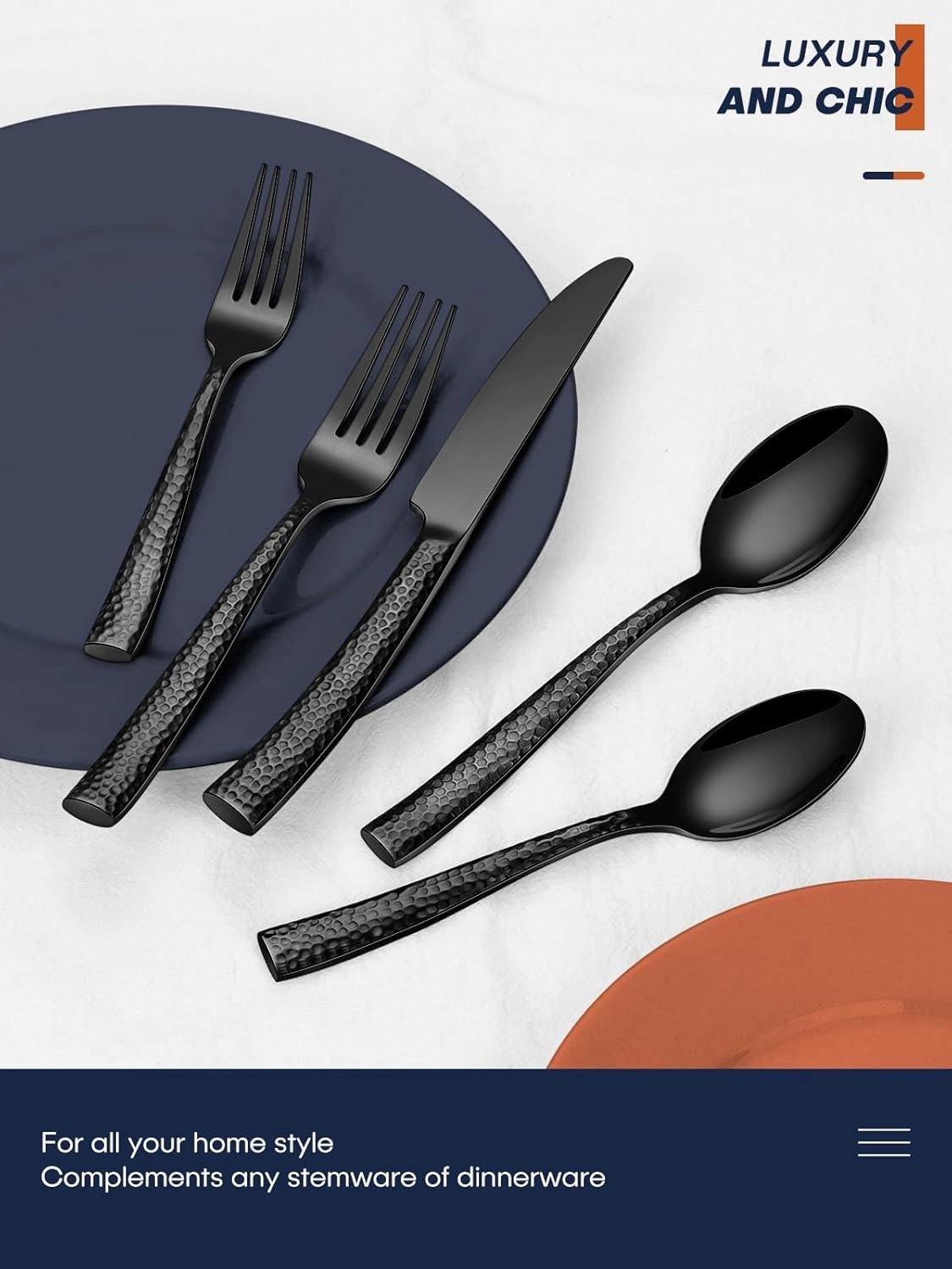Stapava 48 Pcs Black Hammered Silverware Set with Steak Knives, Stainless Steel Flatware Set for 8, Mirror Cutlery Include Forks Spoons and Knives Set for Home Hotel, Dishwasher Safe Utensils