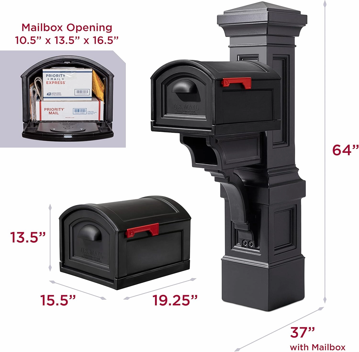 Step2 Atherton Grand Onyx Black XL Mailbox and Mailbox Post Kit – Elegantly Styled Mailbox with Post Cover, Magnetic Closure & Newspaper Chute – Ultra Durable, Low Maintenance
