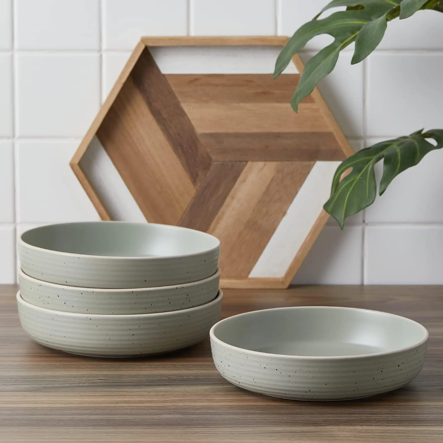 Stone Lain Lauren Stoneware, Rustic Plates and Bowls Set, Dinnerware, Service for 8, Speckled Green, Dishwasher & Microwave Safe, 32-Piece