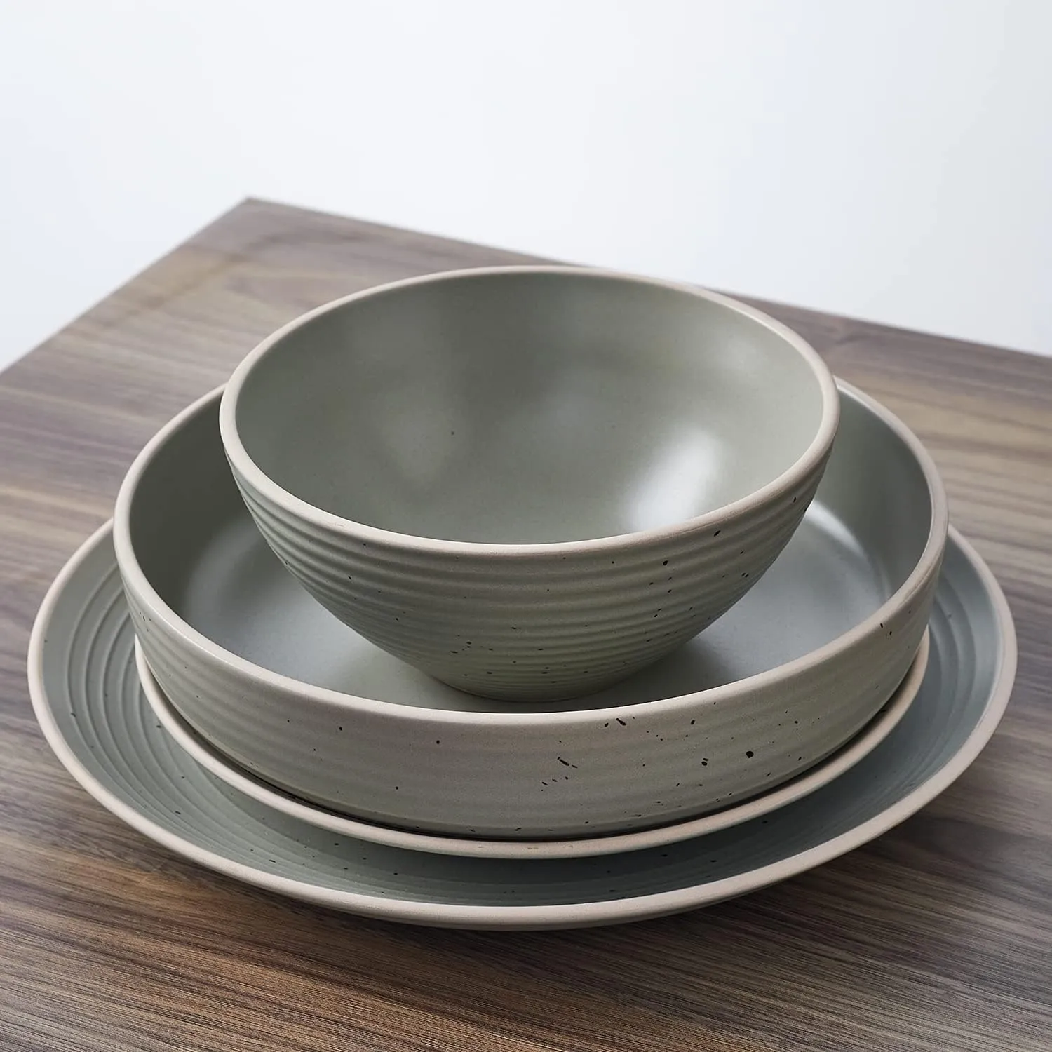 Stone Lain Lauren Stoneware, Rustic Plates and Bowls Set, Dinnerware, Service for 8, Speckled Green, Dishwasher & Microwave Safe, 32-Piece