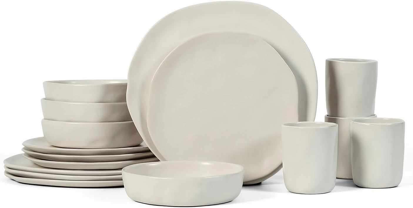 Stone by Mercer Project HEKONDA Modern Stoneware 32-Piece Dinnerware Set, Plate and Bowl Set, Dish Set for 8, Beige