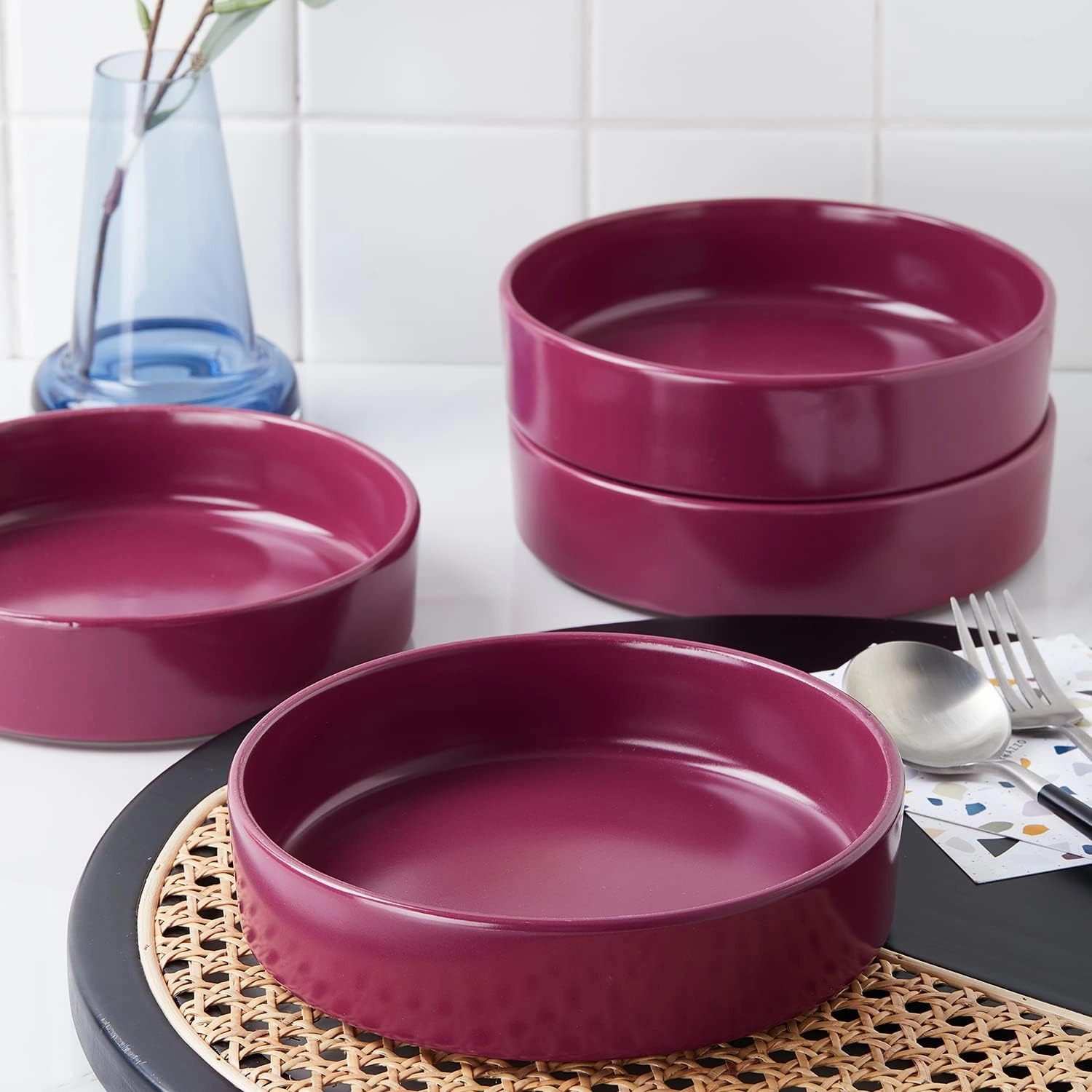 Stone Lain Cleo Modern Stoneware 16-Piece Dinnerware Set, Plates and Bowls Set, Dish Set Service For 4, Magenta