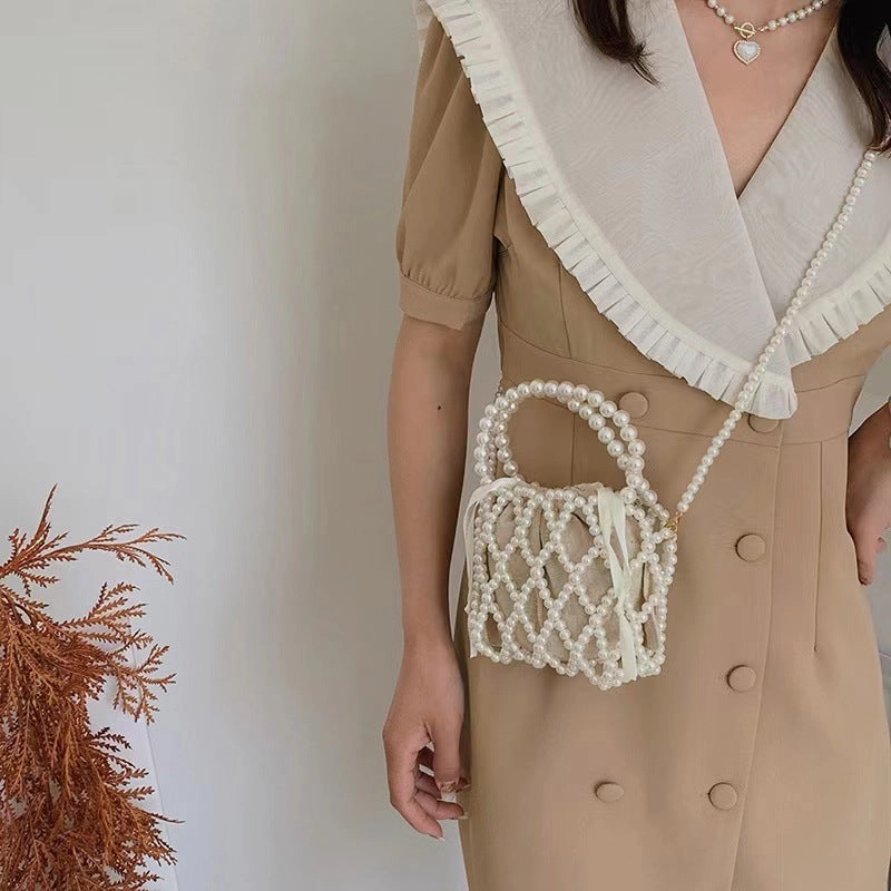 STOREXQ Retro Fairy Bag Woven Beads Bucket Bag Portable Messenger Bag Summer Niche Design Hollow Pearl Bag