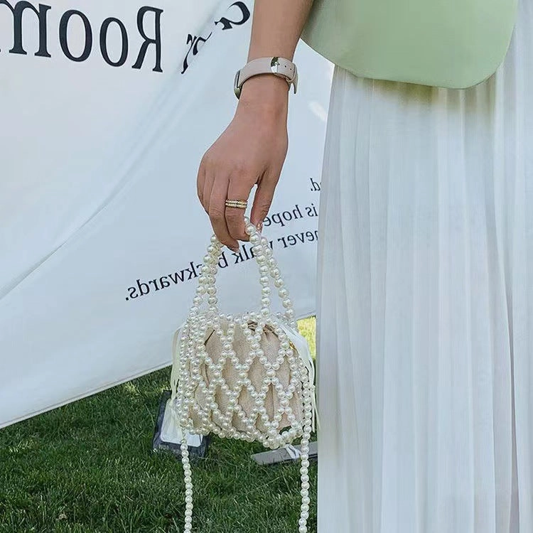 STOREXQ Retro Fairy Bag Woven Beads Bucket Bag Portable Messenger Bag Summer Niche Design Hollow Pearl Bag