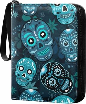 Sugar Skull with Floral Card Binder 4 Pocket Zipper PU Trading Card Album Fits 400 Game Cards 50 Removable Sleeves Card Folder Collection for Baseball MTG TCG Sports Cards