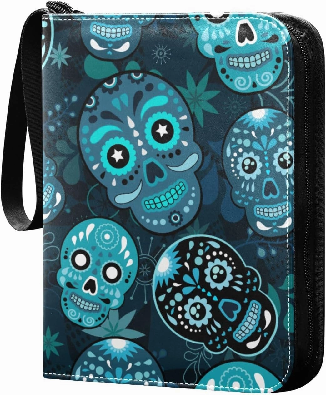 Sugar Skull with Floral Card Binder 4 Pocket Zipper PU Trading Card Album Fits 400 Game Cards 50 Removable Sleeves Card Folder Collection for Baseball MTG TCG Sports Cards