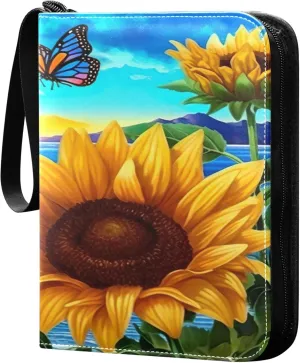 Sunflower Butterfly Card Binder 4 Pocket Collectible Trading Card Albums with 50 Sleeves Double Side PU Waterproof 3 Ring for Sports & Game Cards