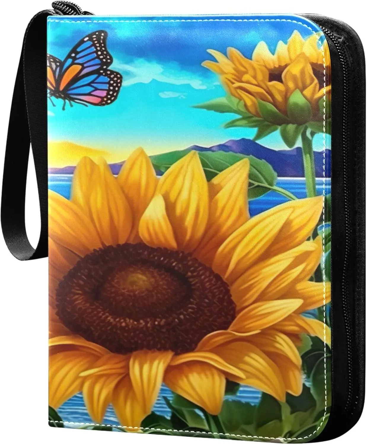 Sunflower Butterfly Card Binder 4 Pocket Collectible Trading Card Albums with 50 Sleeves Double Side PU Waterproof 3 Ring for Sports & Game Cards