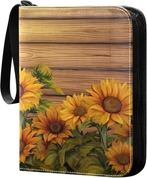 Sunflowers on Wooden Board Card Binder 4 Pocket Collectible Trading Card Albums with 50 Sleeves Double Side PU Waterproof 3 Ring for Sports & Game Cards