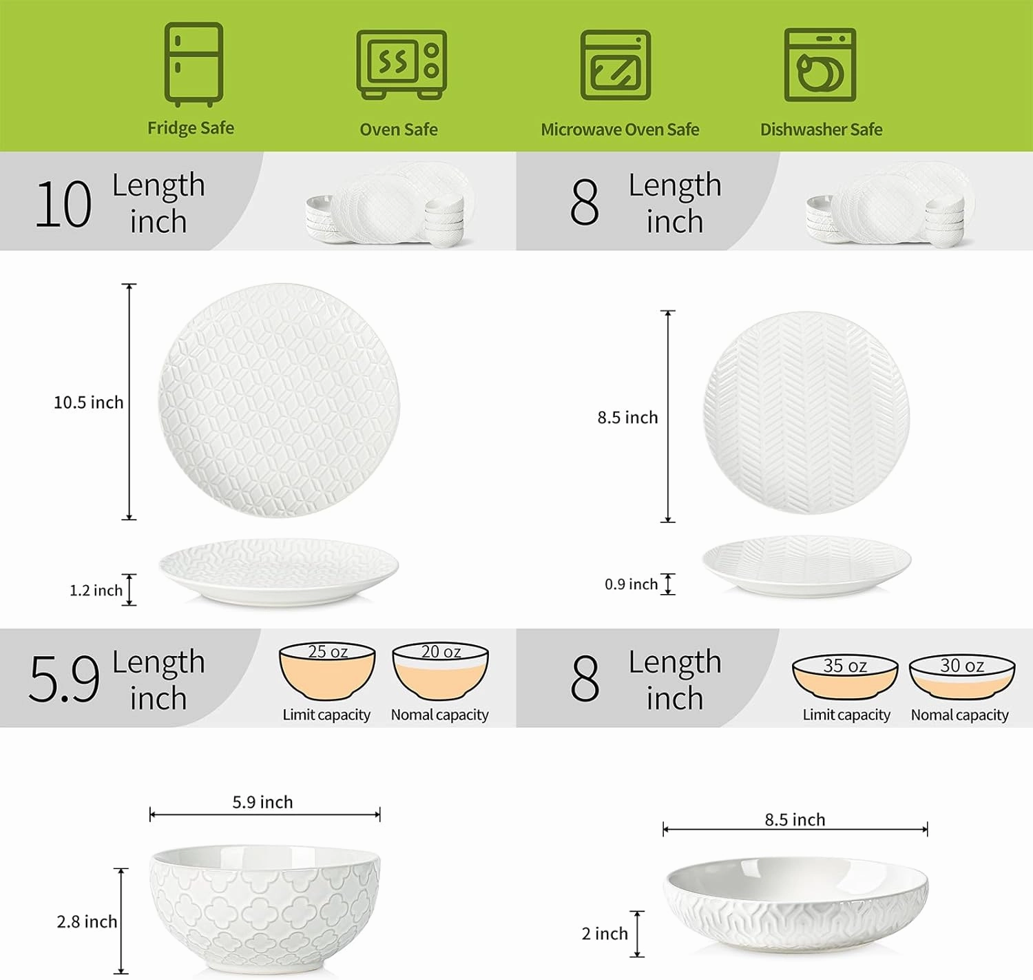 Sureasy Ceramic Dinnerware Set for 4-16 Pieces Embossed Plates and Bowls Sets, Scratch Resistant Dish Set, Microwave, Oven & Dishwasher Safe, White