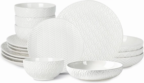 Sureasy Ceramic Dinnerware Set for 4-16 Pieces Embossed Plates and Bowls Sets, Scratch Resistant Dish Set, Microwave, Oven & Dishwasher Safe, White