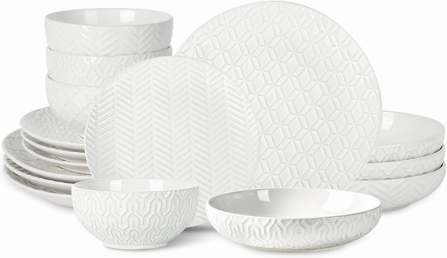 Sureasy Ceramic Dinnerware Set for 4-16 Pieces Embossed Plates and Bowls Sets, Scratch Resistant Dish Set, Microwave, Oven & Dishwasher Safe, White