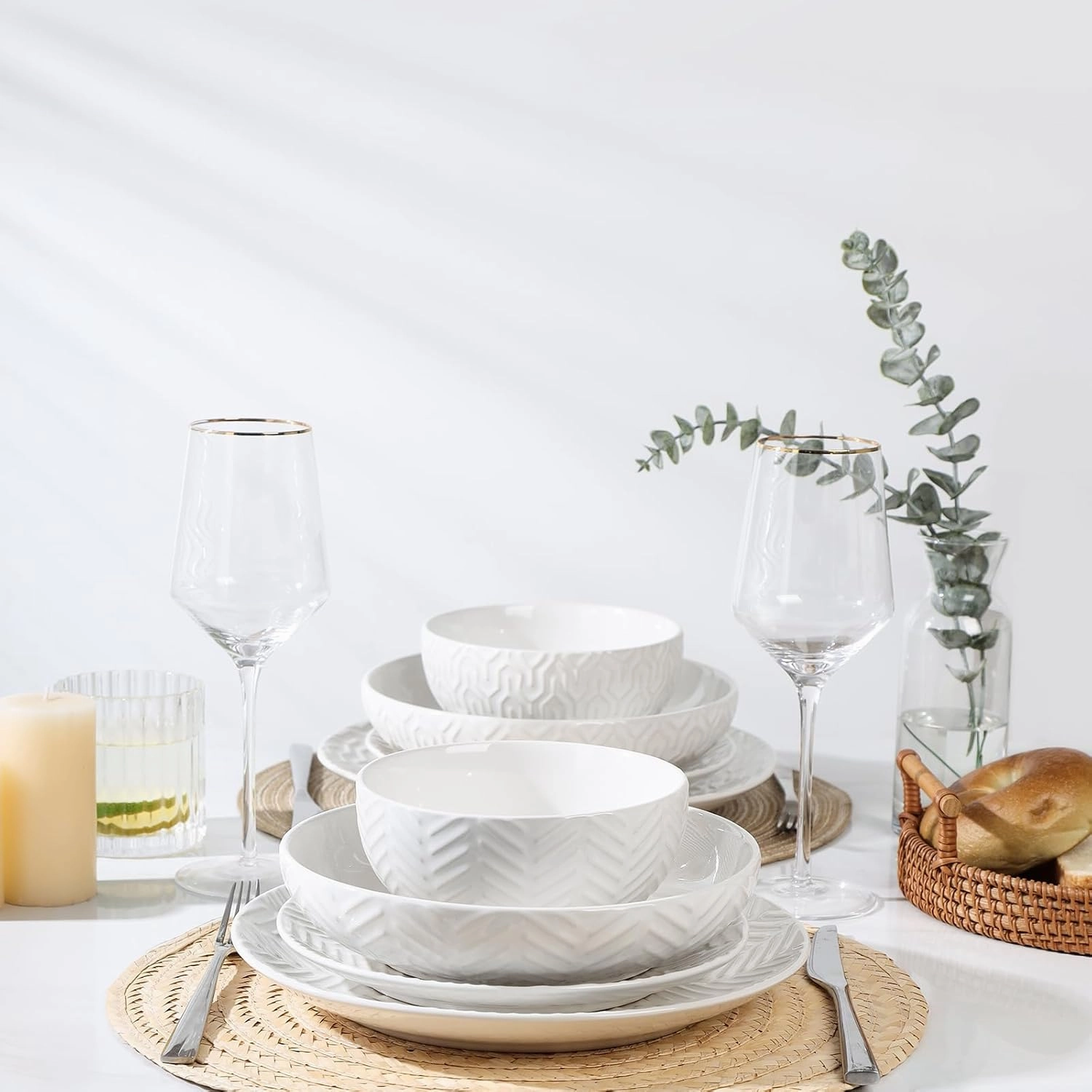 Sureasy Ceramic Dinnerware Set for 4-16 Pieces Embossed Plates and Bowls Sets, Scratch Resistant Dish Set, Microwave, Oven & Dishwasher Safe, White