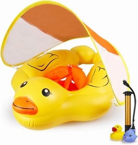 Swimming Float Ring with Removable Sun Protection Canopy,Anti-Slip Crotch,Add Tail Chamber Never Flip Over Baby Floats for Toddler 6-36 Months