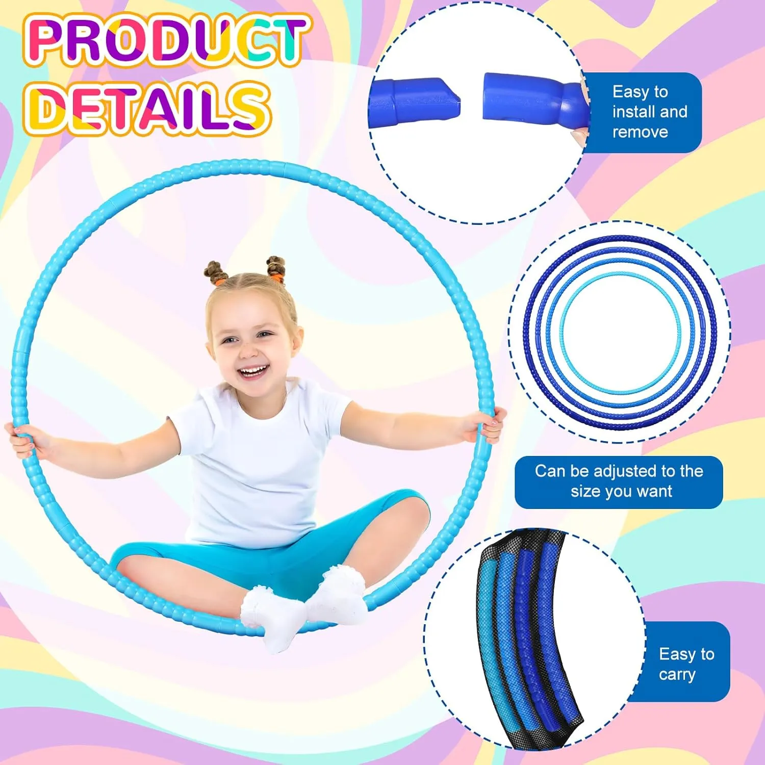 Syhood 12 Pcs Toy Color Hoop Plastic Detachable Adjustable Hoop Light Weight Exercise Fitness Equipment Toy Waist Ring for Adult Party, 3 Sizes(Gradient Blue)