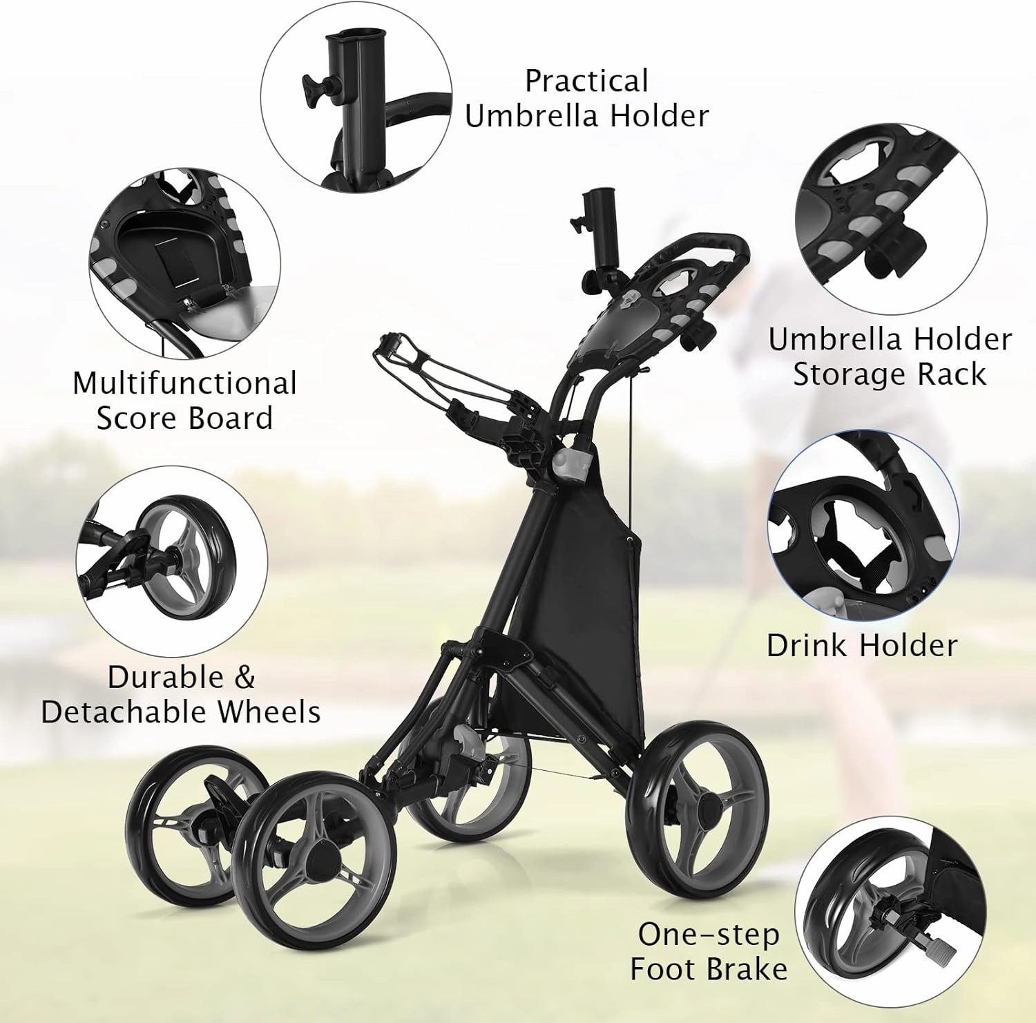 Tangkula Lightweight Aluminum Collapsible 4 Wheels Push Cart, Golf Trolley with Foot Brake, Height-Adjustable Handle
