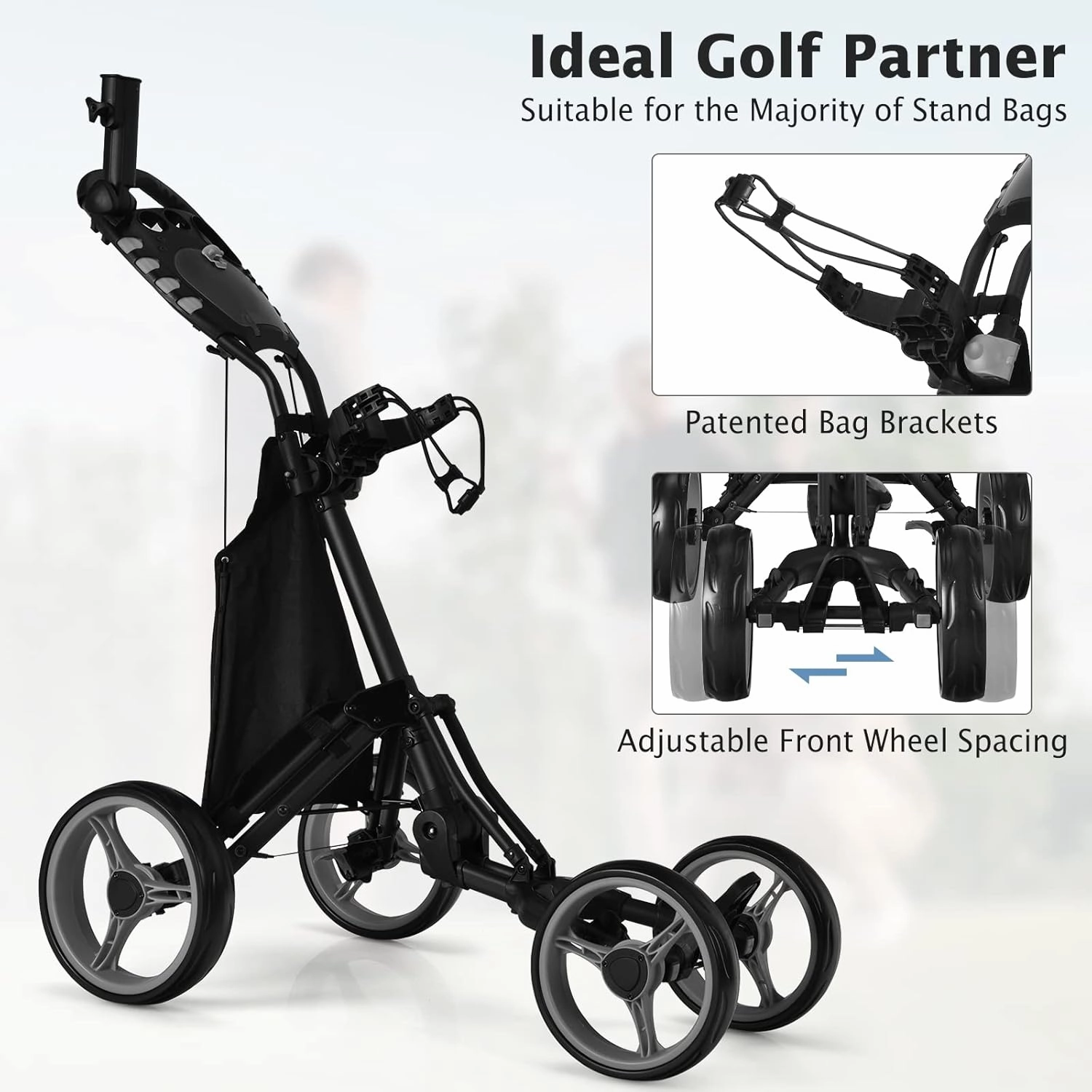 Tangkula Lightweight Aluminum Collapsible 4 Wheels Push Cart, Golf Trolley with Foot Brake, Height-Adjustable Handle