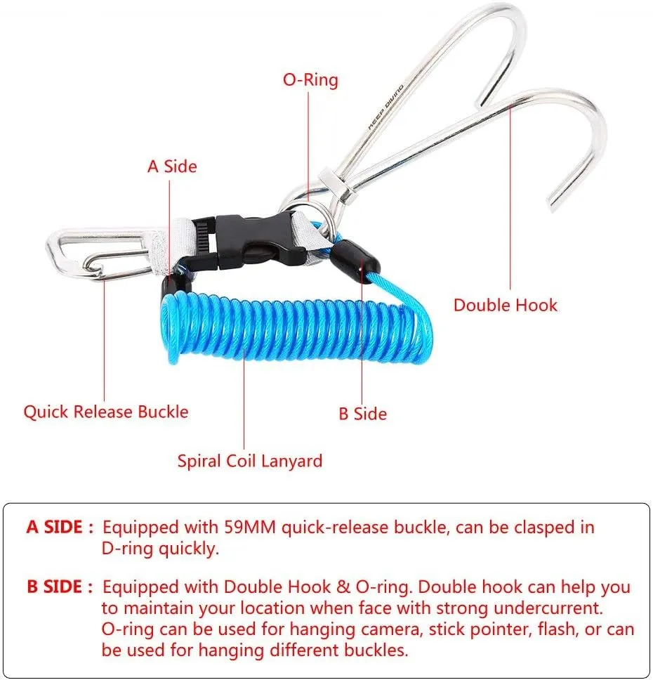 Tbest Scuba Diving Reef Hook Stainless Steel Reef Hook Diving Hook Scuba Safety Accessories with Spiral Coil Lanyard Quick Release Buckle