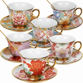 Tea Cups and Saucers Set of 6, 8 OZ Ceramic Tea Cups with Saucers Vintage Floral Tea Cup Set for Cappuccino, Indian Tea, Macchiato, Lattes Afternoon Tea Housewarming Party Supply Mothers Day Gifts