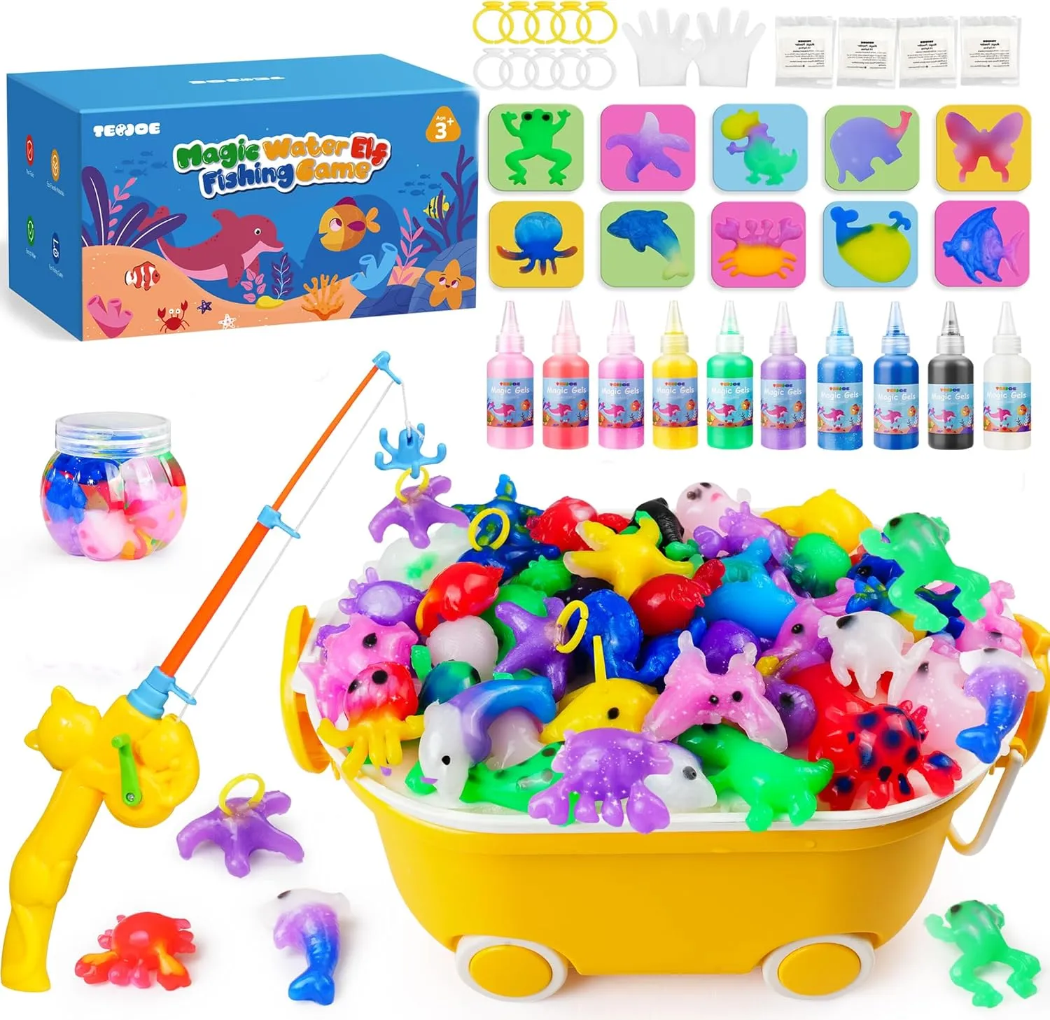 TECJOE Magic Water Elf Toy Kit, DIY Aqua Fairy Water Gel Kit with 10 Molds & 10 Colors, Fishing Game, Includes Storage Case & Display Bottle, Creative Arts & STEM Sensory Toy for Kids