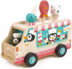 Tender Leaf Toys - Penguin’s Gelato Van - Food Truck Style Pretend Play, Ice Cream and Ice Lolly Wooden Vehicle - Encourage Role Play and Develops Social Skills for Children - Age 18m 