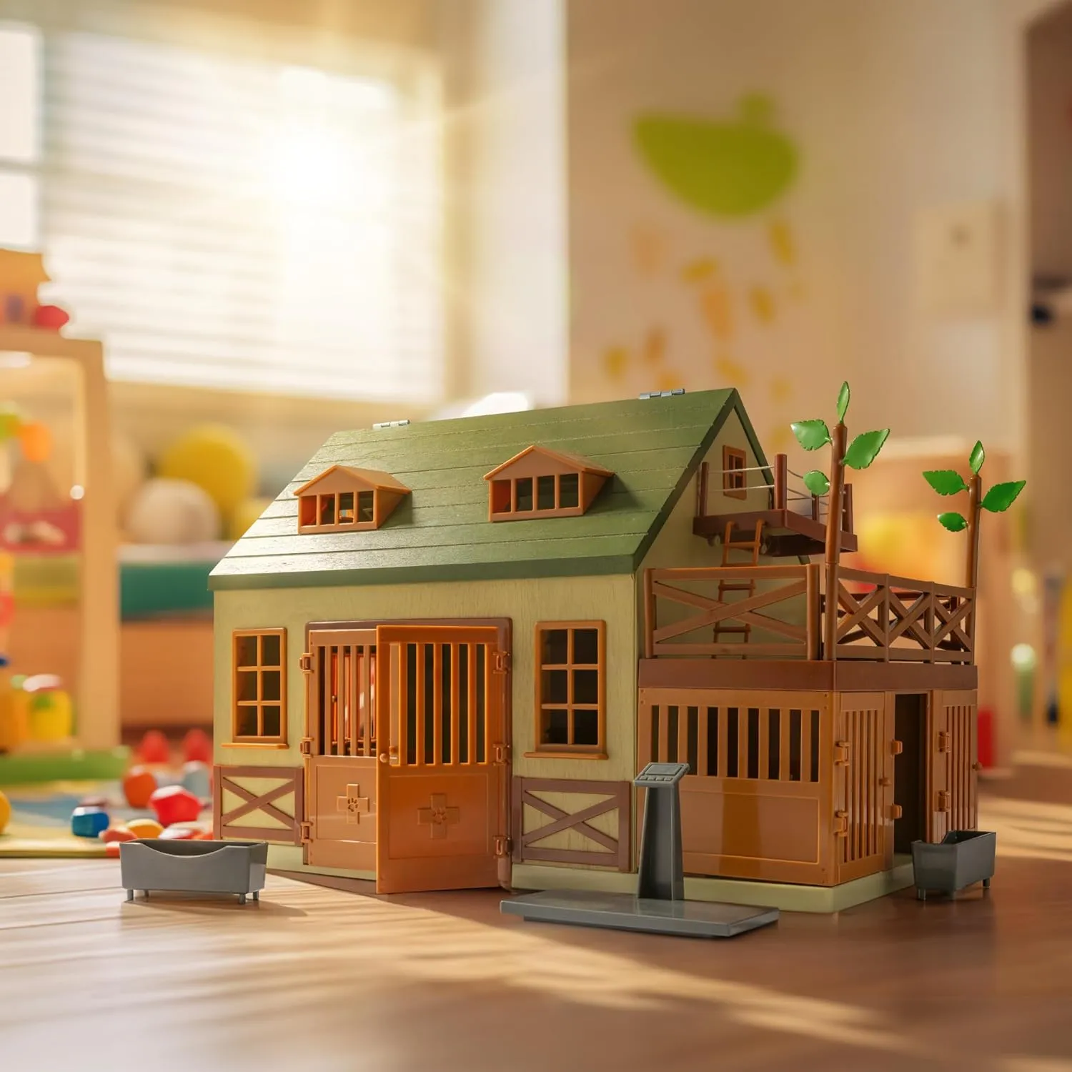 Terra by Battat – 15 Pcs Animal Hospital Pretend & Play Set - Openable Rooftop for Farm or Safari Animal Figurines - Wooden Vet Clinic Toy for Kids and Toddler Ages 3 