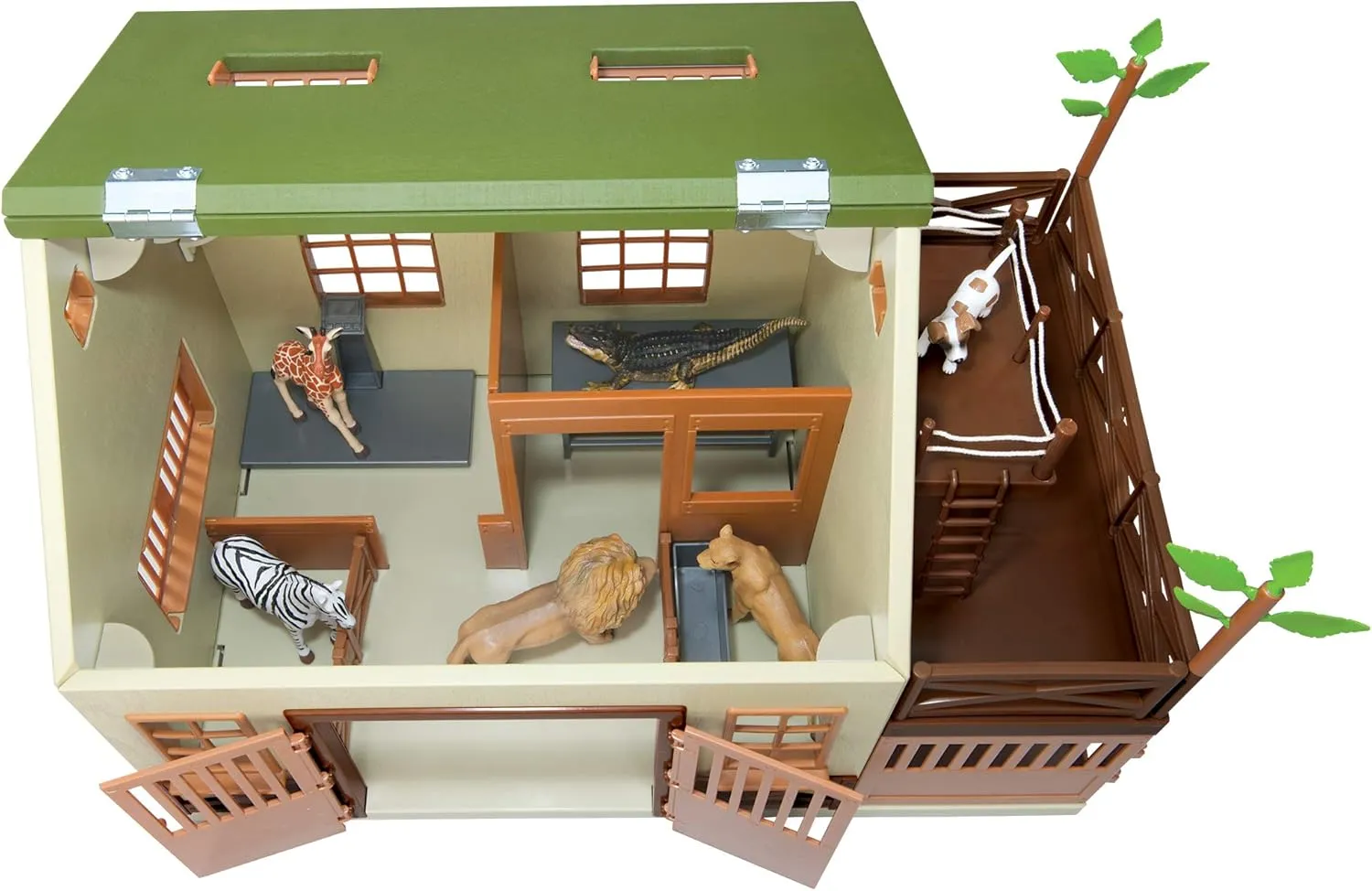 Terra by Battat – 15 Pcs Animal Hospital Pretend & Play Set - Openable Rooftop for Farm or Safari Animal Figurines - Wooden Vet Clinic Toy for Kids and Toddler Ages 3 