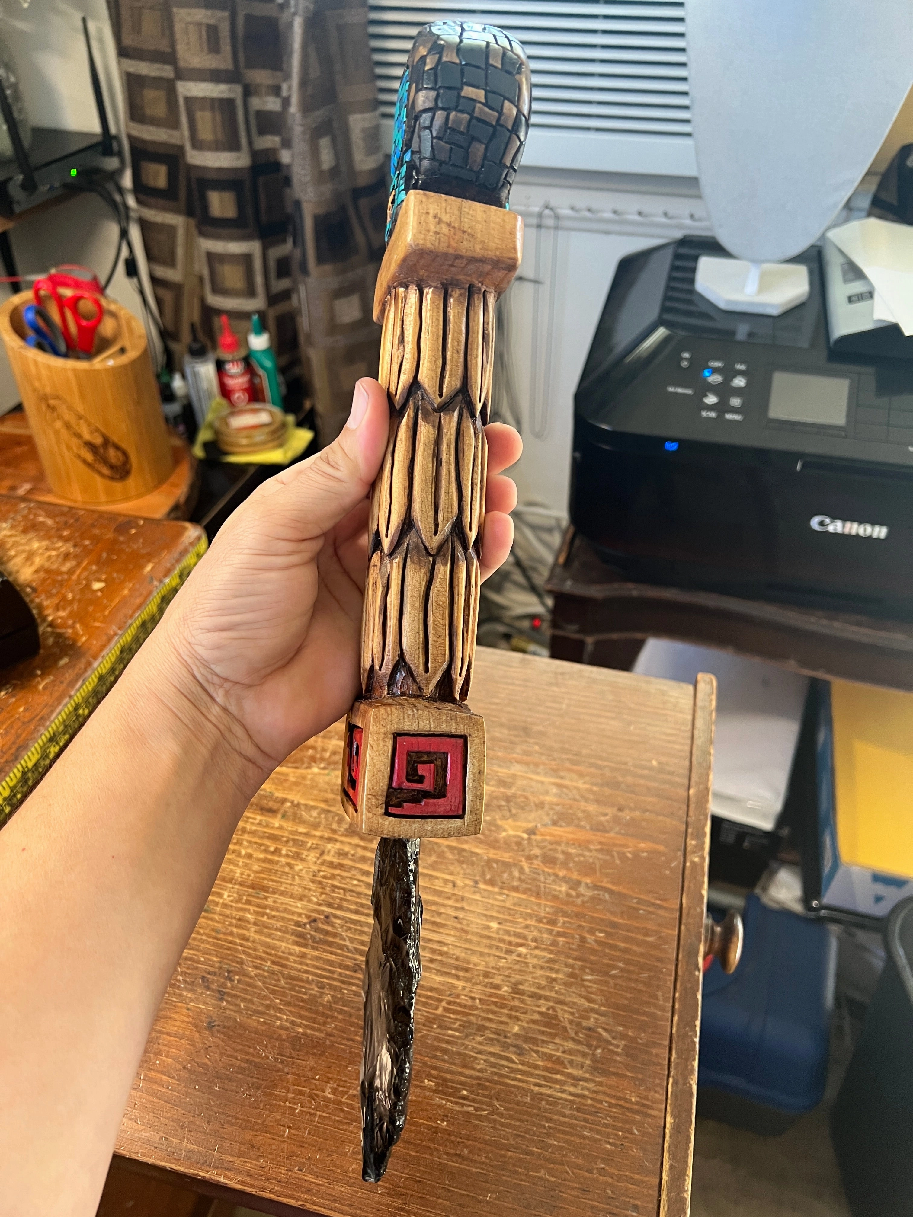 Tezcatlipoca Dagger, Wood Carved, Painted, Azteca Obsidian Knife, Mexica Sacrificial Knives, Replica Artifacts, 17" long