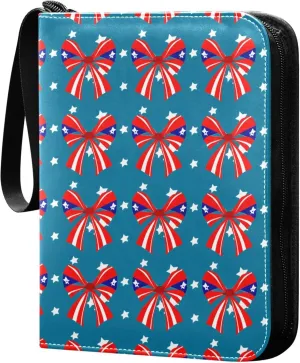 The USA Flag Pretty Bows Card Binder 4 Pocket Collectible Trading Card Albums with 50 Sleeves Double Side PU Waterproof 3 Ring for Sports & Game Cards