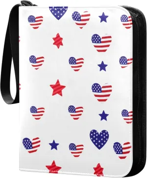 The USA Stars and Hearts Card Binder 4 Pocket Collectible Trading Card Albums with 50 Sleeves Double Side PU Waterproof 3 Ring for Sports & Game Cards