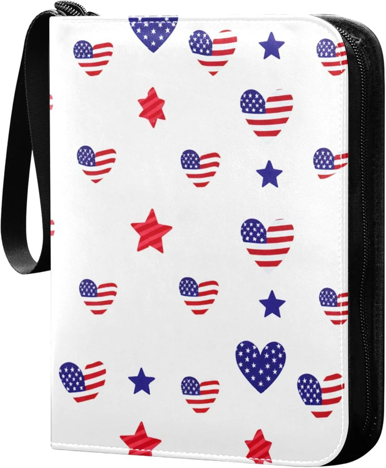 The USA Stars and Hearts Card Binder 4 Pocket Collectible Trading Card Albums with 50 Sleeves Double Side PU Waterproof 3 Ring for Sports & Game Cards