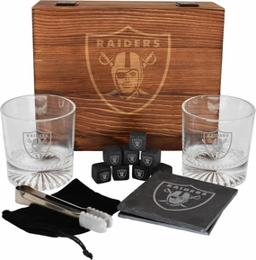 The Memory Company Licensed NFL Wood Boxed Drinkware Gift Set - Includes 2 Premium Rock Glasses, Cooling Cubes, Tongs, and Coasters, Las Vegas Raiders