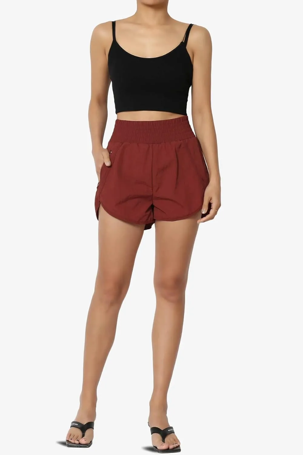 TheMogan Women's Lightweight Elastic High Waist Summer Shorts w Inner Brief Windbreaker Dolphin Running Shorts