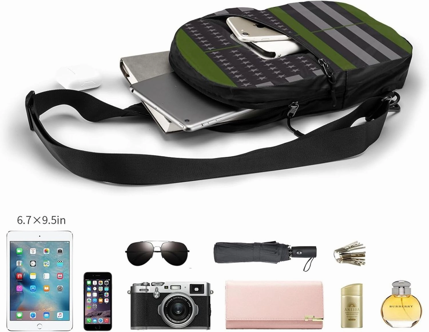 Thin Green Line American Flag Portable Sling Bags Packable Crossbody Bag Foldable Sport Daypack Reusable Shoulder Backpack Diagonally Chest Bag for Workout Travel
