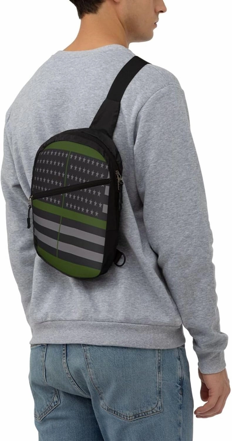 Thin Green Line American Flag Portable Sling Bags Packable Crossbody Bag Foldable Sport Daypack Reusable Shoulder Backpack Diagonally Chest Bag for Workout Travel