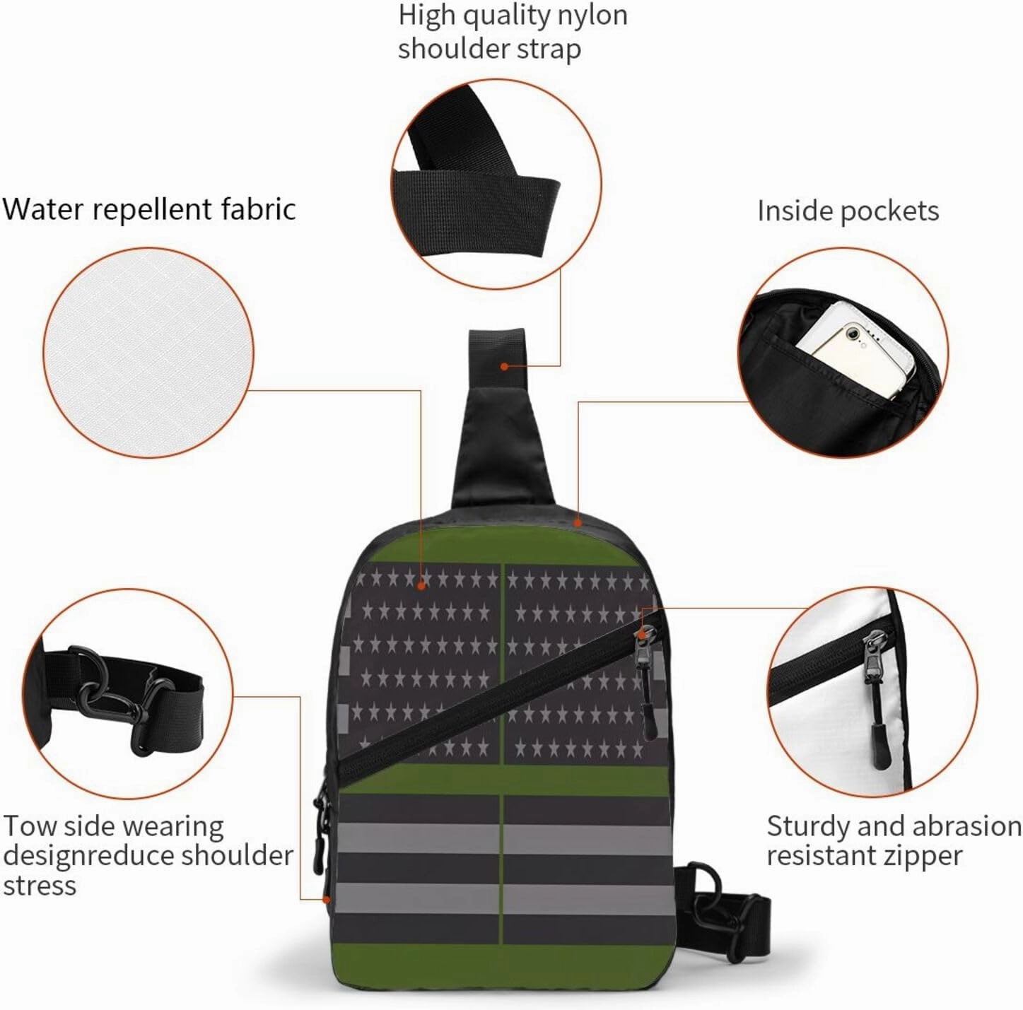 Thin Green Line American Flag Portable Sling Bags Packable Crossbody Bag Foldable Sport Daypack Reusable Shoulder Backpack Diagonally Chest Bag for Workout Travel