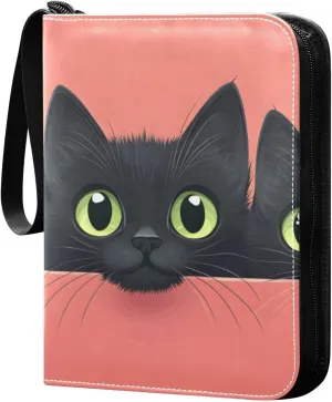 Three Black Cat Card Binder 4 Pocket Trading Card Album Fits 400 Sports/Game Cards, PU Cover 3 Ring Card Collection with 50 Removable Sleeves