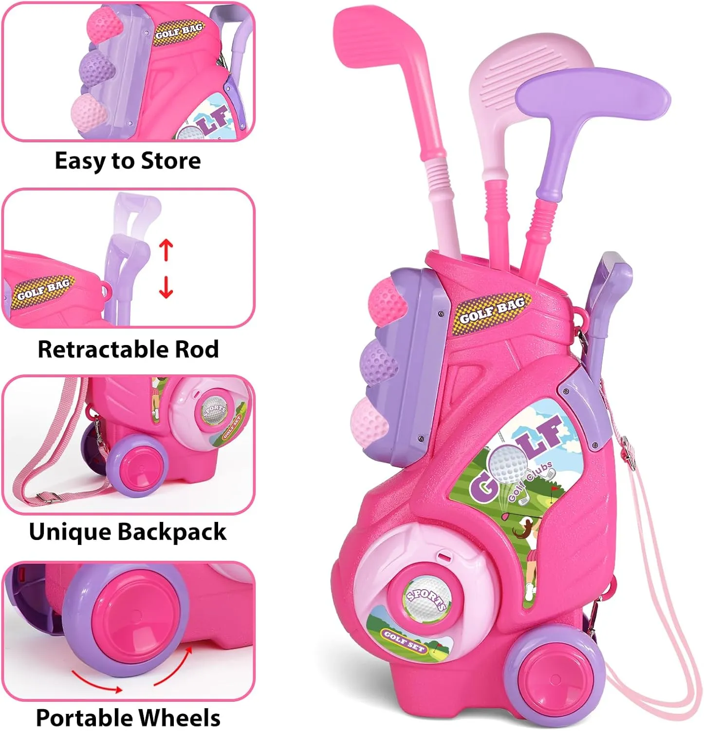 Toddler Golf Set for Girls Boys 2 3 4 Years Old, Upgraded Kids Golf Cart with 3 Clubs & 8 Balls, Outdoor Indoor Sports Toys Birthday Gift, Pink