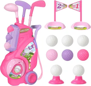 Toddler Golf Set for Girls Boys 2 3 4 Years Old, Upgraded Kids Golf Cart with 3 Clubs & 8 Balls, Outdoor Indoor Sports Toys Birthday Gift, Pink