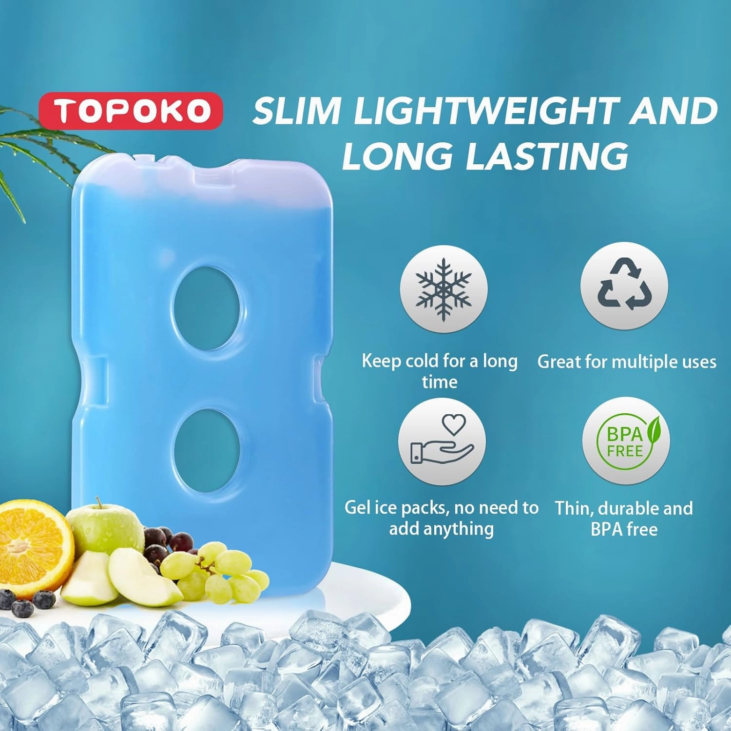 TOPOKO Ice Packs for Lunch Bags, Cooler, Freezer Packs for Lunch Box, Cooler Bag, Slim Reusable & Long-Lasting, BPA-Free, Quick Freeze, Perfect for Picnic, Camping, Beach, Outdoor Sports