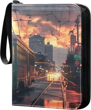 Town Tram Card Binder 4 Pocket Collectible Trading Card Albums with 50 Sleeves Double Side PU Waterproof 3 Ring for Sports & Game Cards