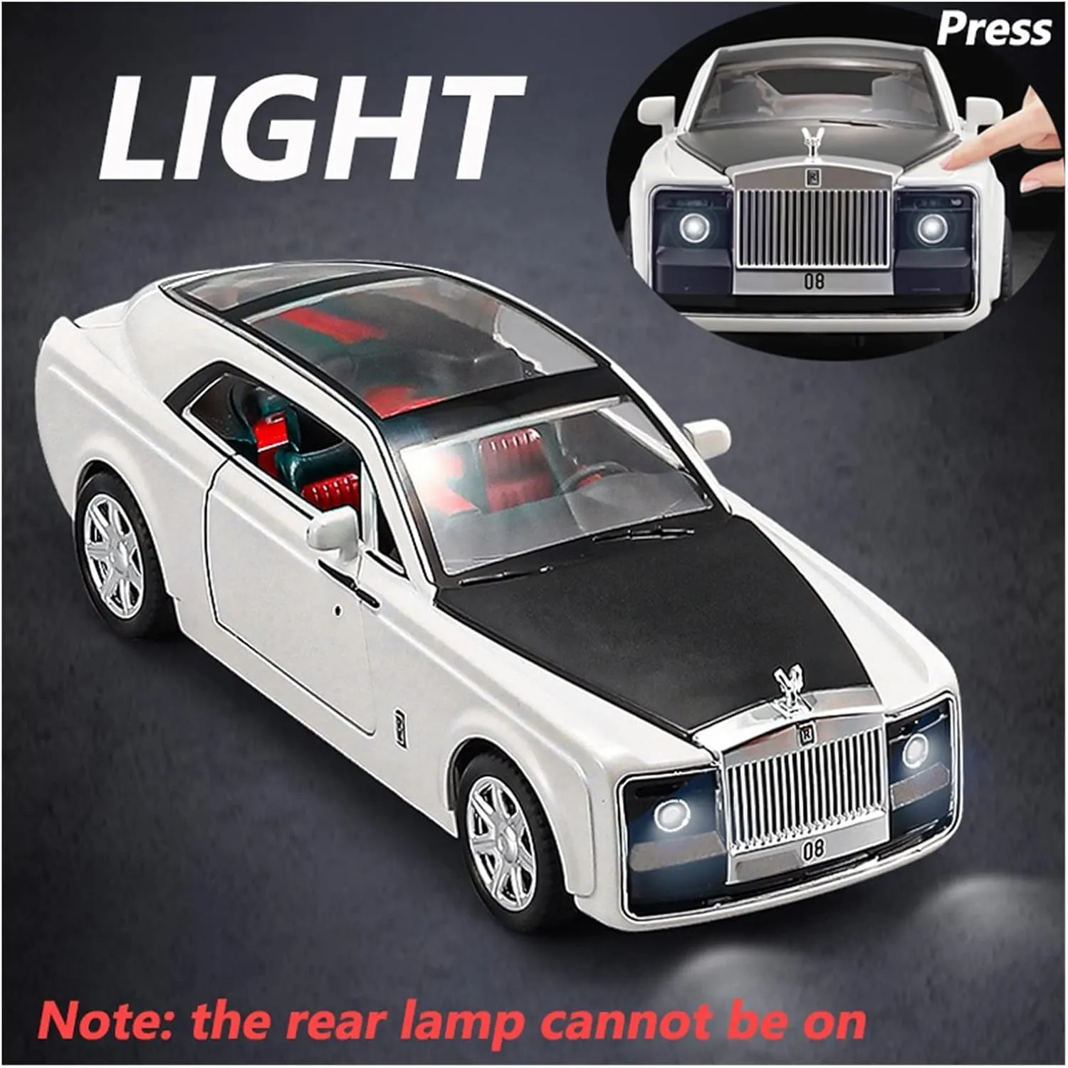 Toy car Model 1:24 for Rolls-Royce Sweptail Alloy Car Model Light Sound Effect Diecast Toys Gift (Color : Black)
