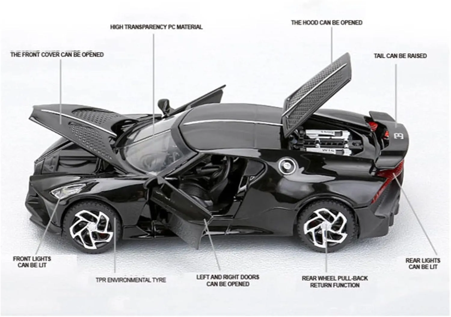 Toy car Model 1/32 for Bugatti La Voiture Noire Sport Car Model Toys Alloy Diecast Sport Car with Pull Back Sound Light (Color : Matte Black)