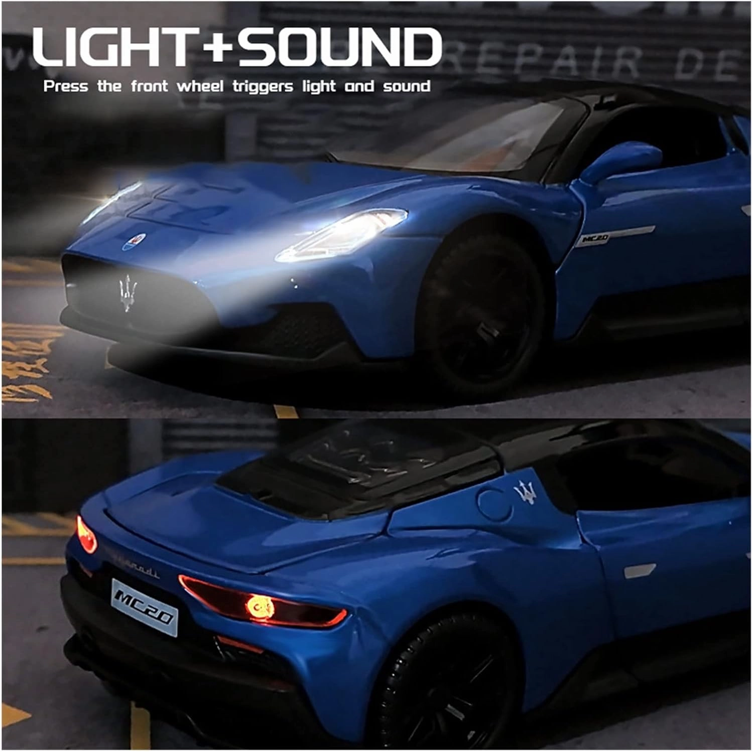 Toy car Model 1:32 for Maserati MC20 Alloy Car Model Light Sound Effect Diecast Toys (Color : Blue)