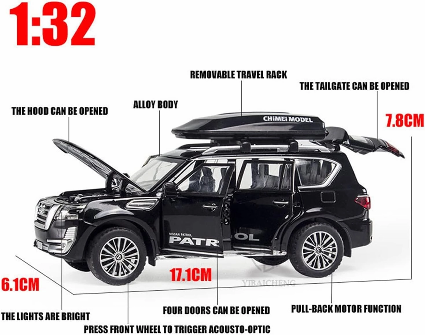 Toy car Model 1/32 for Nisssan Patrol Y62 Diecast Alloy Car Model SUV Off-Road with Travel Rack Light Pull Back Toy (Color : White)