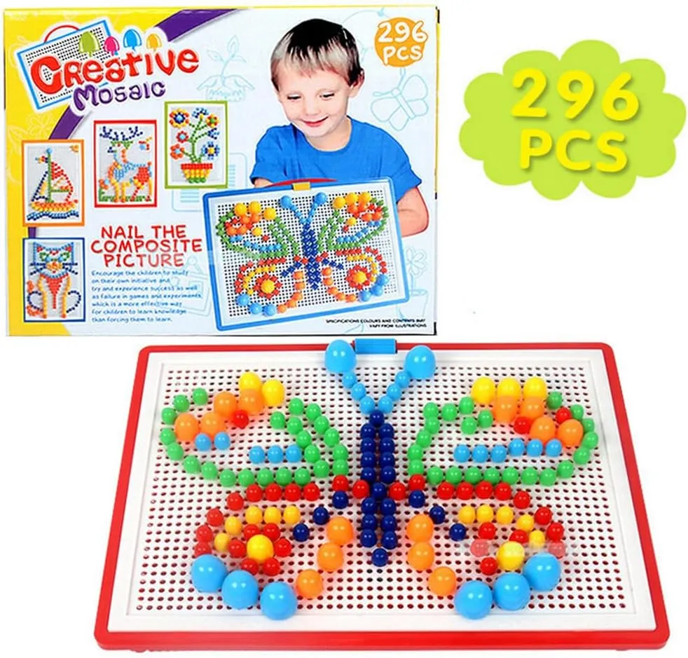 Toyvian 296pcs Mushroom Nails Mosaic Pegboard Toddler Building Block Puzzle Toy 3D Jigsaw Set Baby Letter Educational Toy