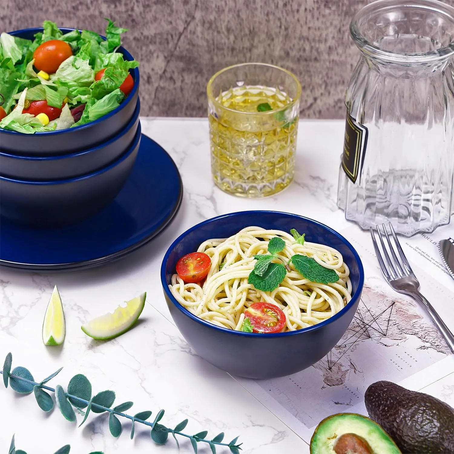 TP 12-Piece Dinnerware Set, Melamine Dishes Set with Bowls and Plates, Non-breakable Lightweight Dinner Service for 4, Black and Blue