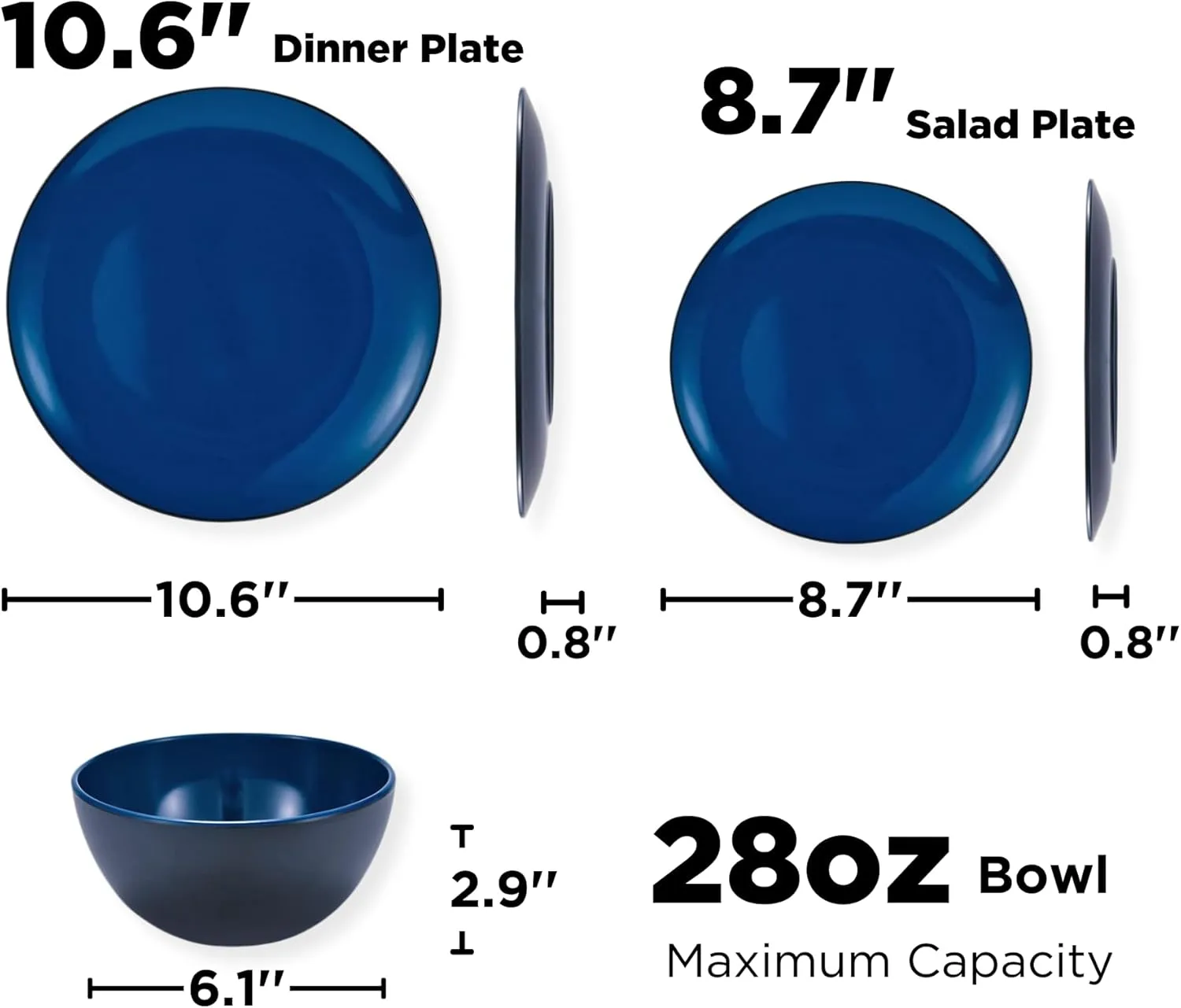TP 12-Piece Dinnerware Set, Melamine Dishes Set with Bowls and Plates, Non-breakable Lightweight Dinner Service for 4, Black and Blue