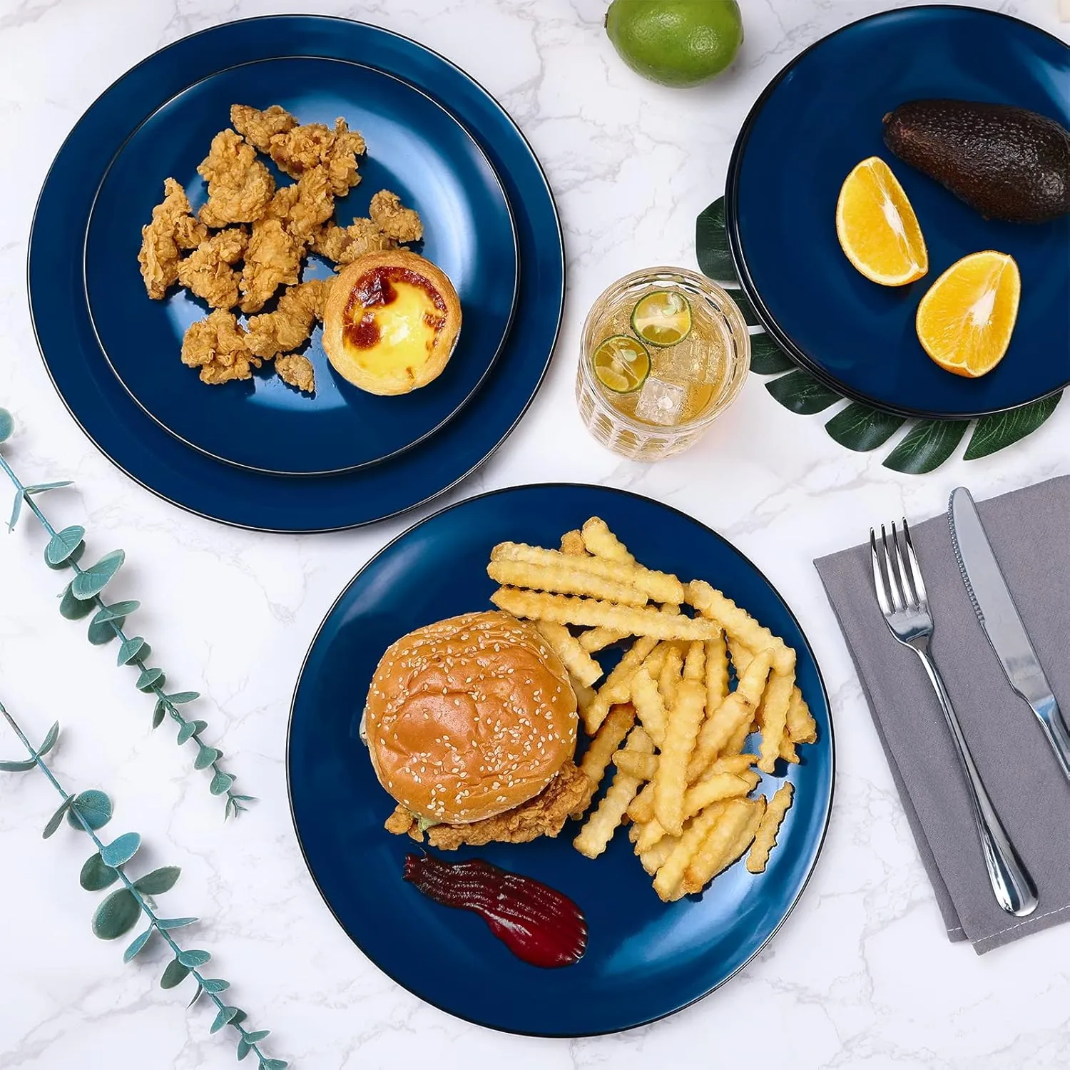TP 12-Piece Dinnerware Set, Melamine Dishes Set with Bowls and Plates, Non-breakable Lightweight Dinner Service for 4, Black and Blue