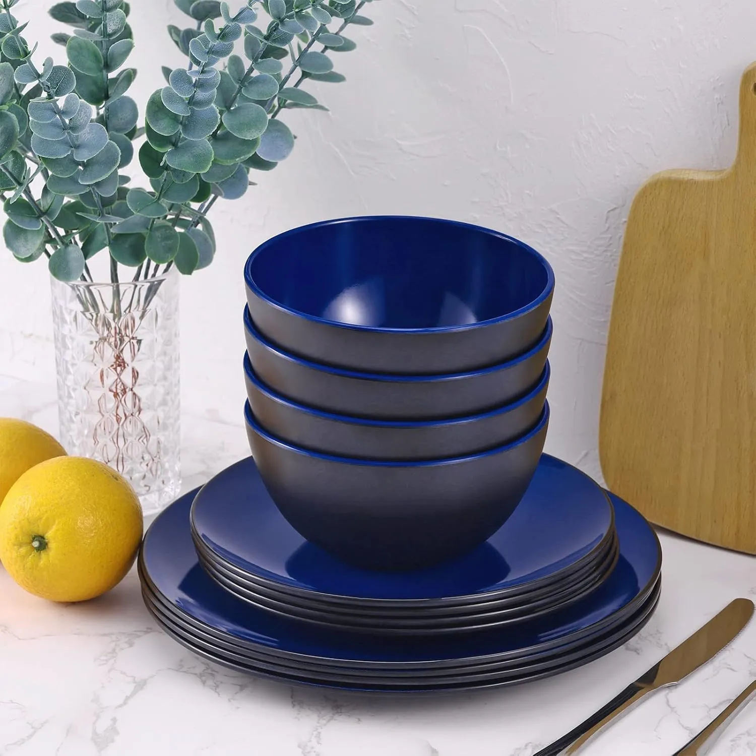 TP 12-Piece Dinnerware Set, Melamine Dishes Set with Bowls and Plates, Non-breakable Lightweight Dinner Service for 4, Black and Blue